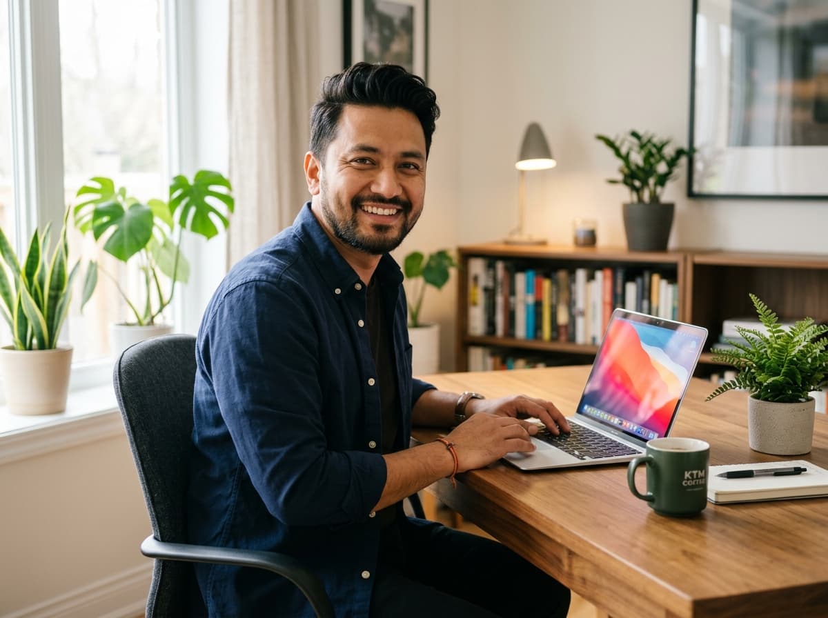 A property owner working on a laptop at home