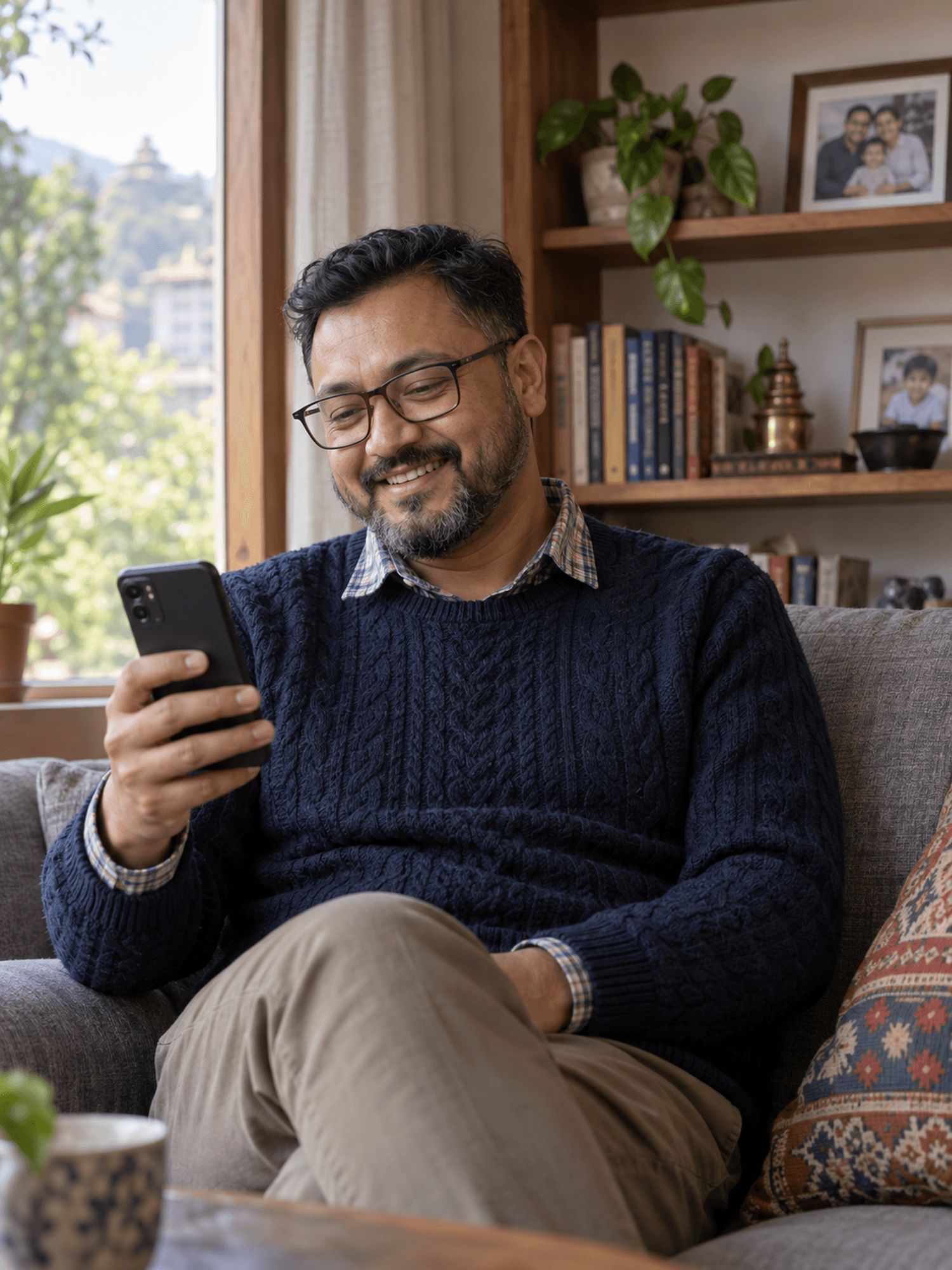 A property owner sitting at home, checking his rentals on his phone.